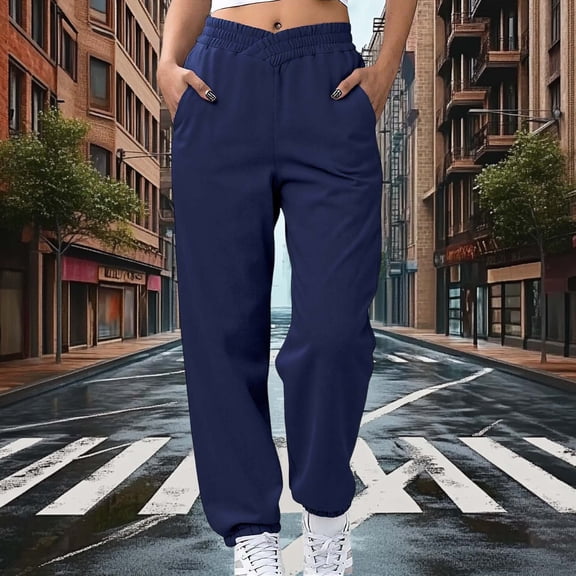 ctdiral High Waisted Sweatpants for Women Wide Leg Lounge Jogger Pants Fall Winter Thin Fleece Tapered Trousers with Pockets Casual Long Pants Navy L
