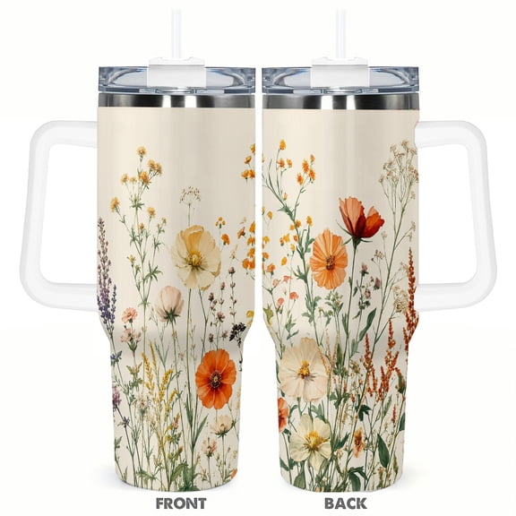 40oz Wildflower Travel Tumbler with Handle and Straw Lid Orange Floral Insulated Car Coffee Cup Gift for Women