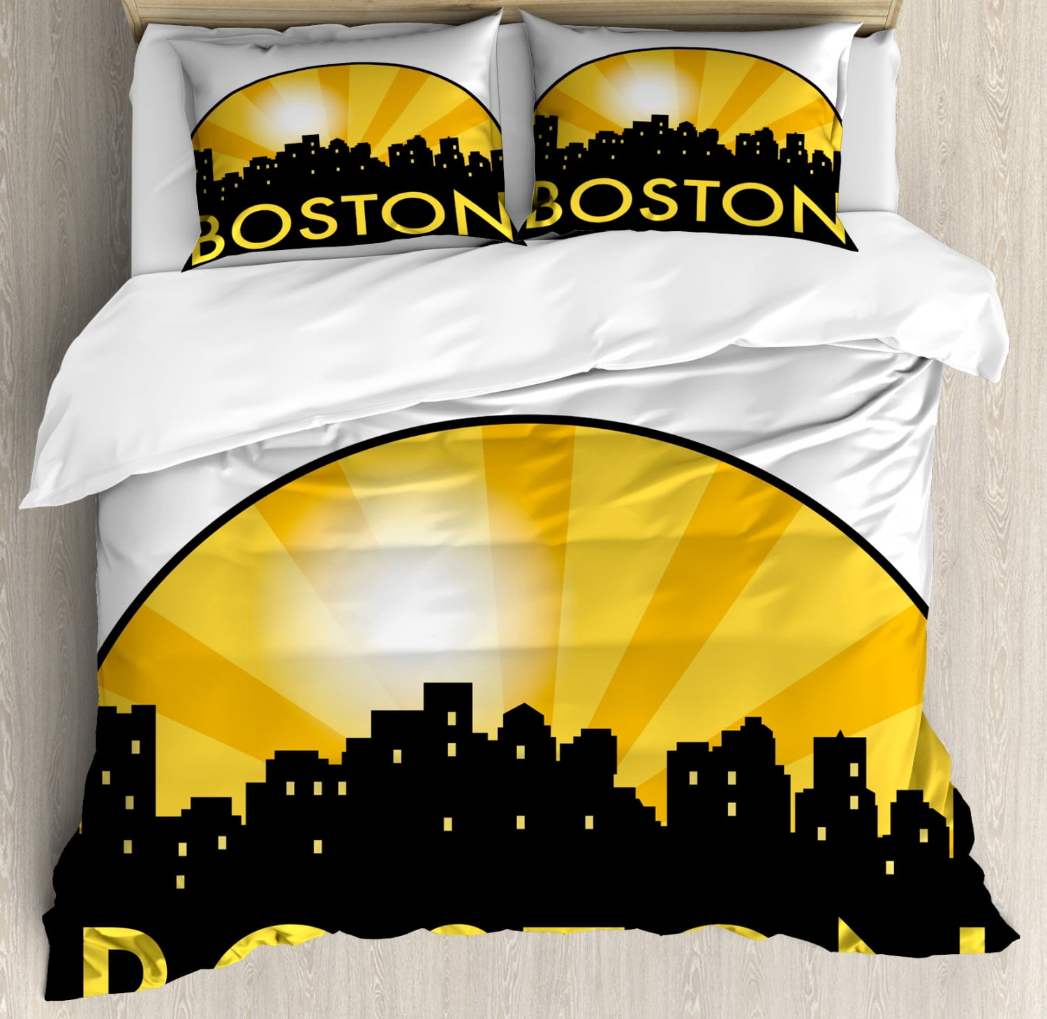 Boston Queen Size Duvet Cover Set, City Landmarks with Semi Circle
