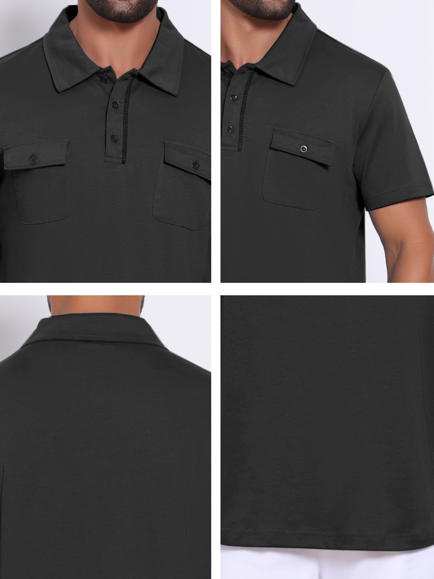 DARING DIVA Men's Collared Short Sleeve Double Chest Pockets Polo Shirt M Black