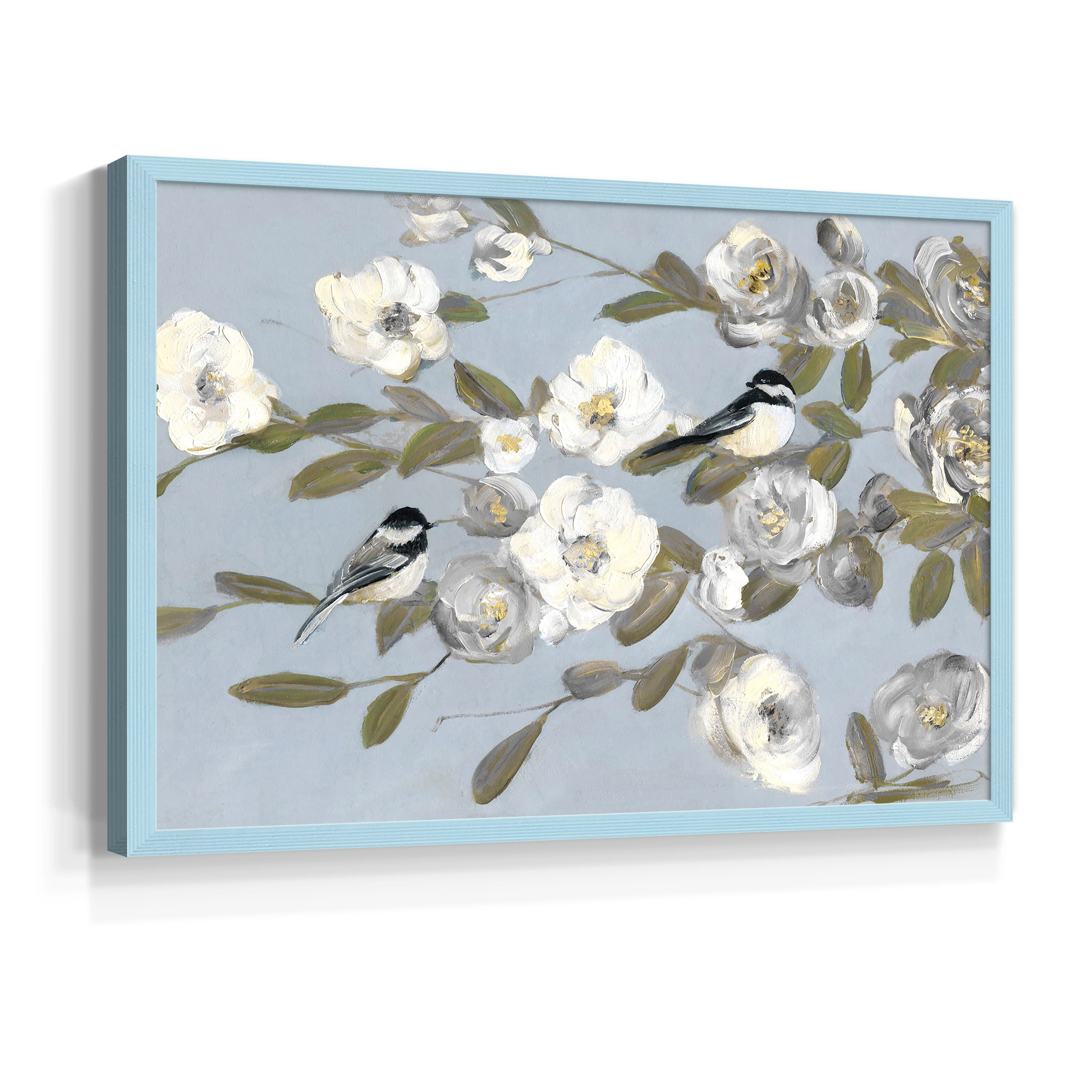 Chickadees and Blossoms I by Sally Swatland - Restickable Framed Giclée Print