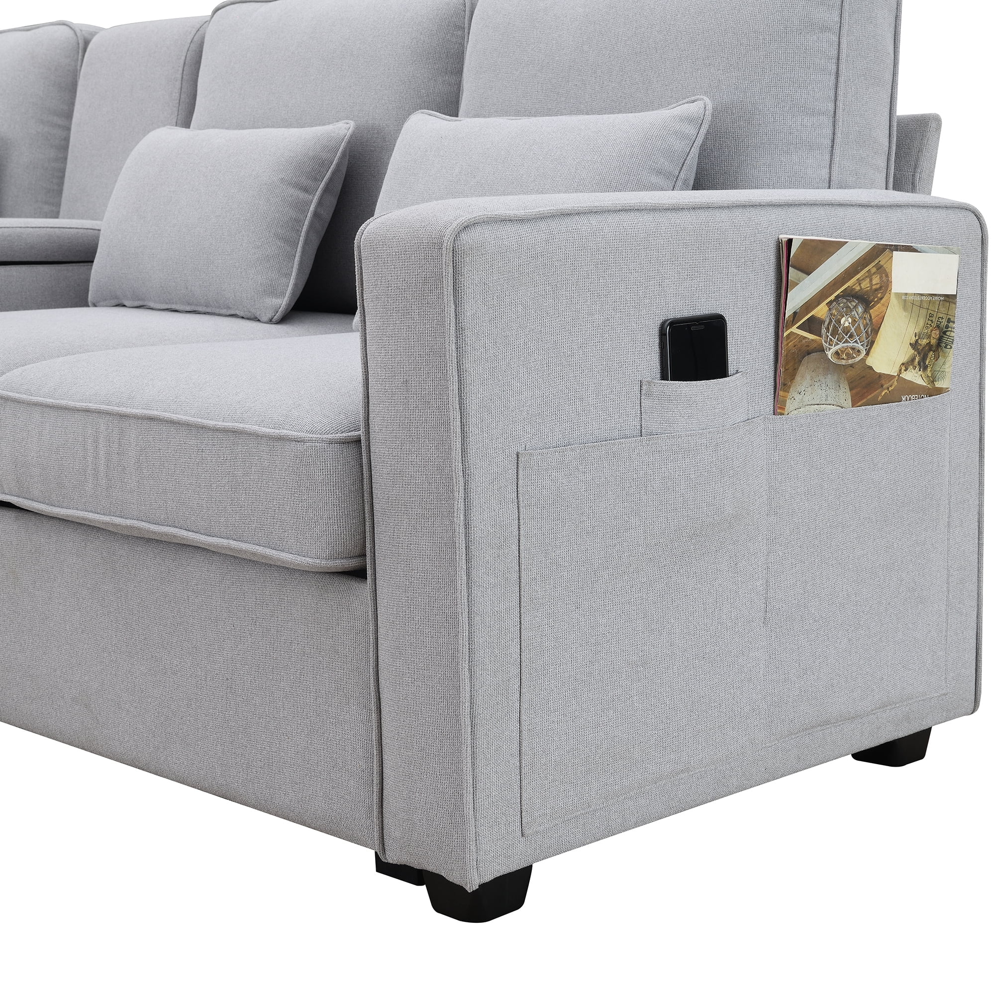 Leumius 104" Sectional Sofa, Modern Linen Fabric 4-Seater Sofa Couch with 4 Pillows, Minimalist Style Couch for Living Room, Apartment, Office, Light Gray