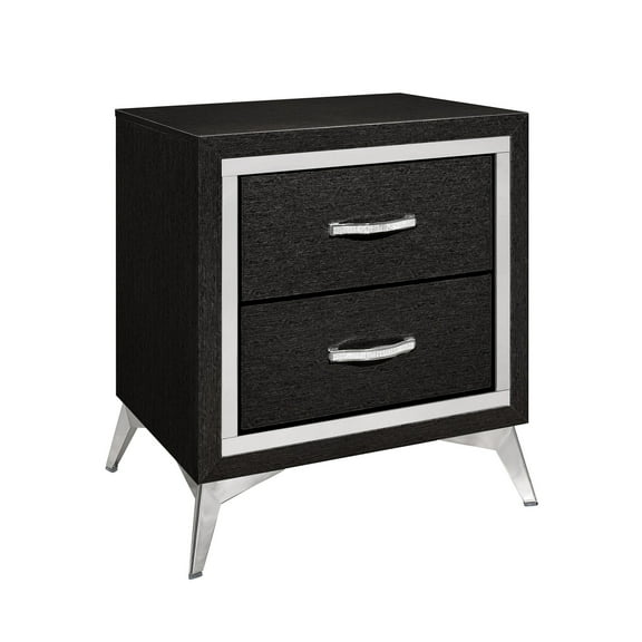 Haya 24 Inch 2 Drawer Nightstand - Embossed Jet Black Wood - Silver Trim