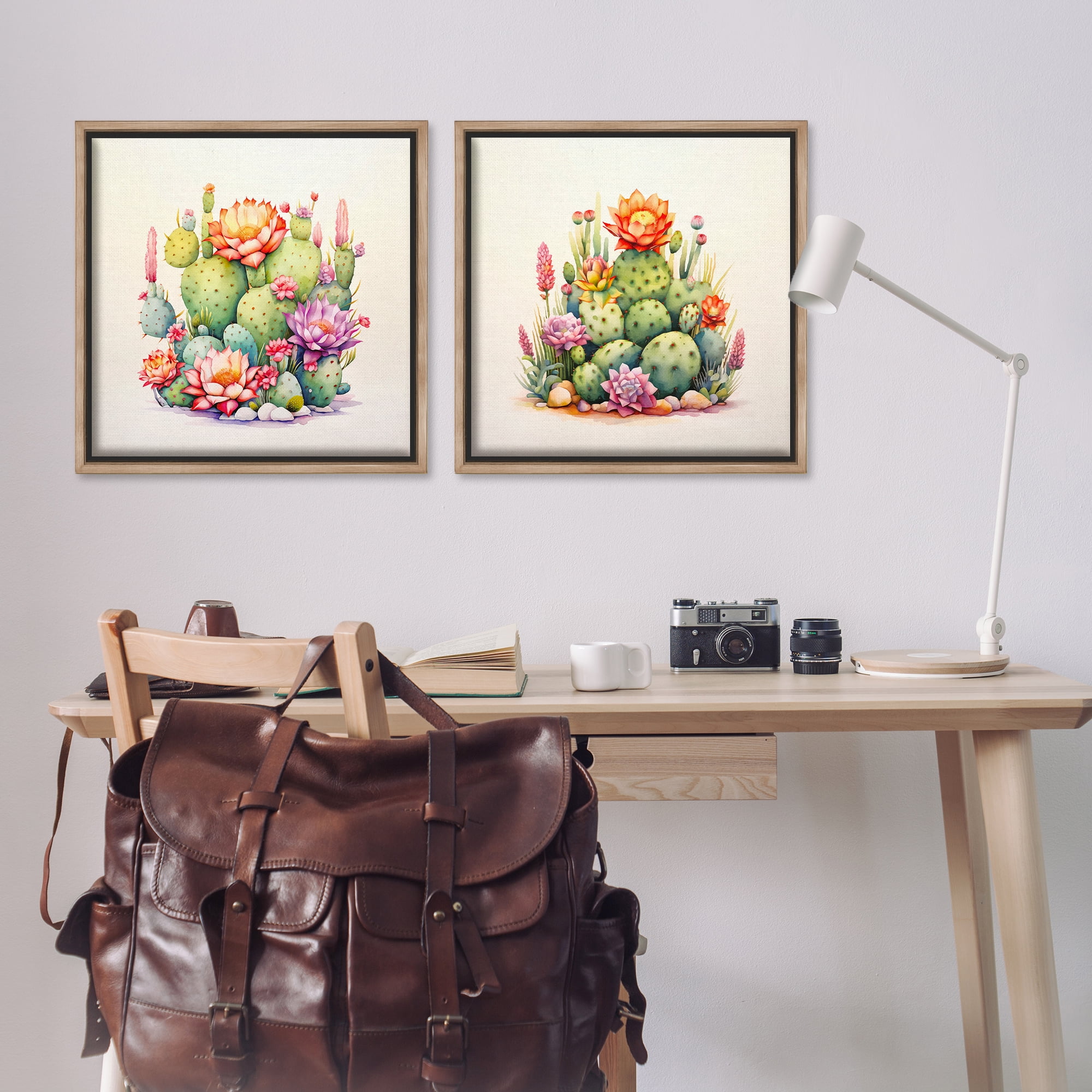 Stupell Industries Desert Spring Cactus Flowers Plants & Flowers Painting Brown Floater Framed Canvas Art Print Wall Art, 25 x 25, Set of 2