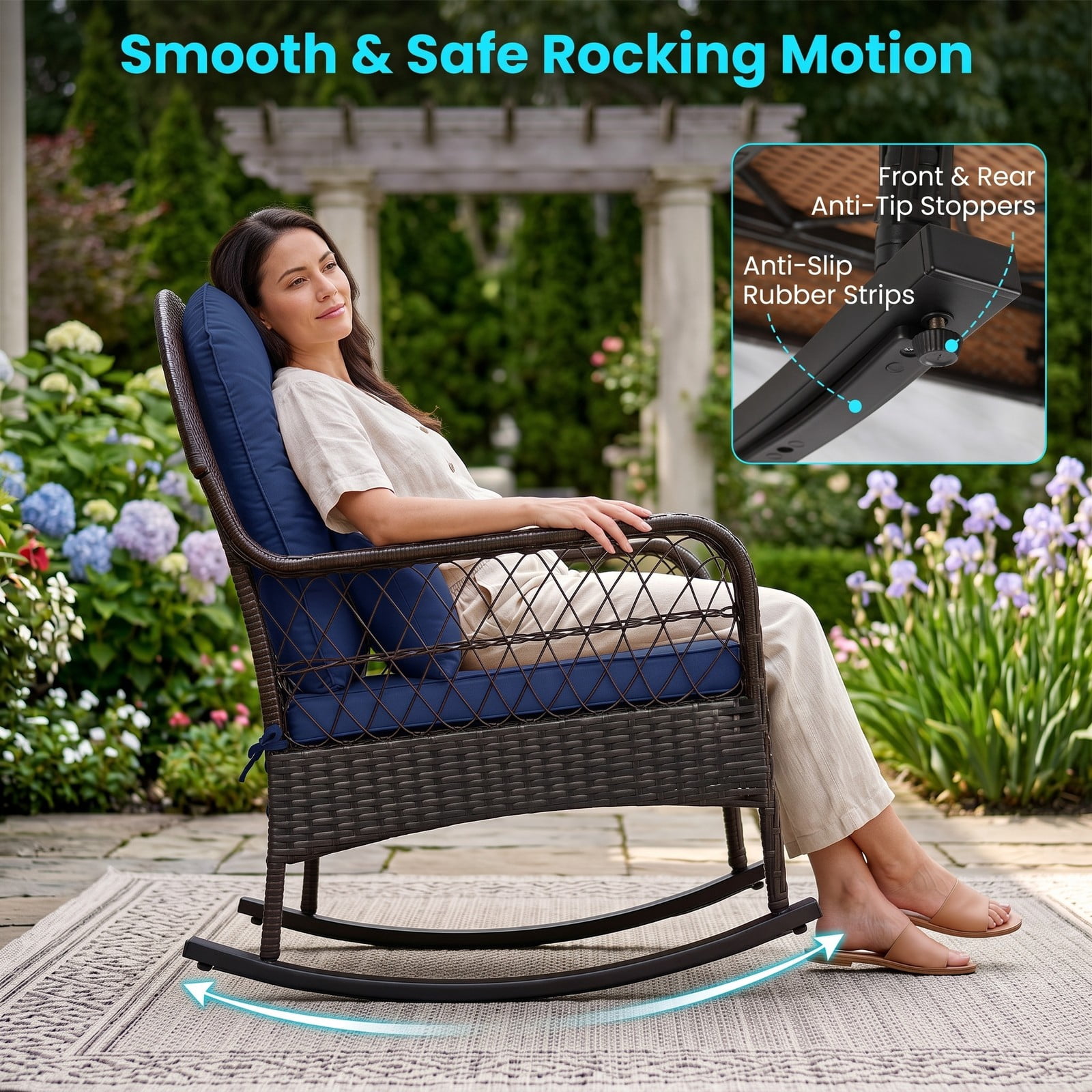 Furnibear Patio Rattan Rocking Chair with Soft Seat, Back Cushions and Waist Pillow for Front Porch, Backyard and Poolside, Navy