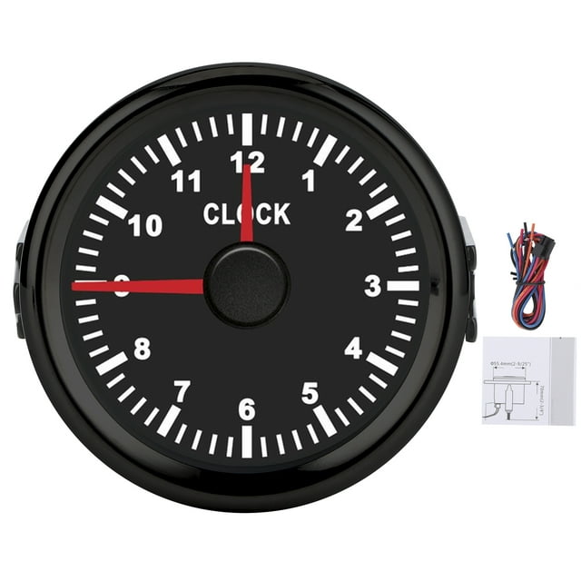 Instrumento de calibre de reloj universal de 2 pulgadas, 0 a 12 horas, luz trasera roja, 12 V/24 V, para coche, barco, yate, motocicleta, esfera negra, marco negro Jadeshay A