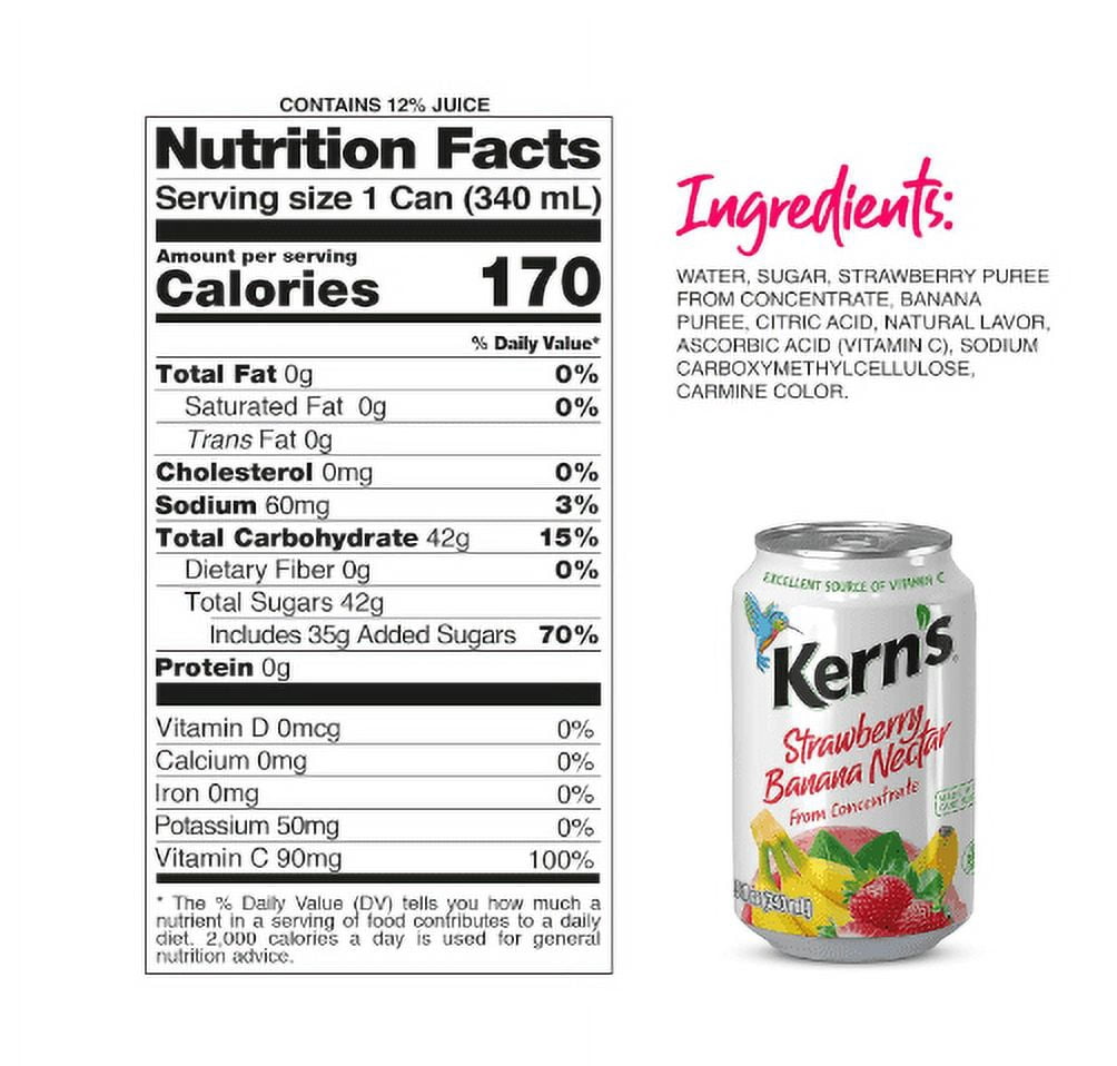 Kern’s-Strawberry Banana Nectar Juice - Made with Fresh Fruit Puree - Tropical Fruit Juice Concentrate for Smoothie Mix, Cocktail Mixers & Kids Drinks & Beverages - 11.5oz, 24 Pack Canned Drinks