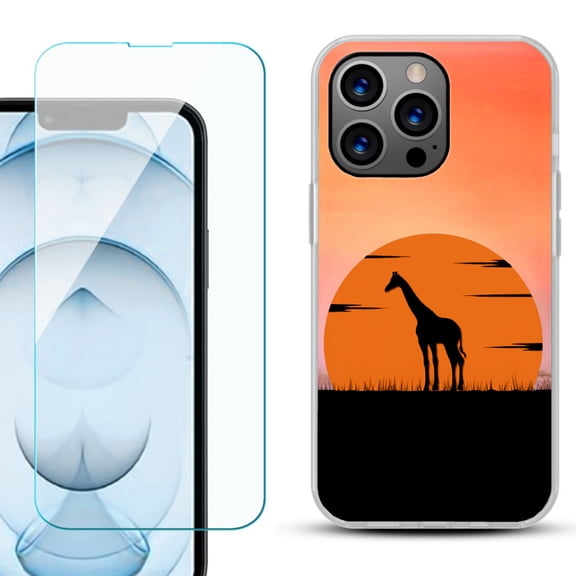 Slim-Fit Gel TPU Phone Case for iPhone 13 Pro Max, with Tempered Glass Screen Protector, by OneToughShield ® - Sunset Giraffe