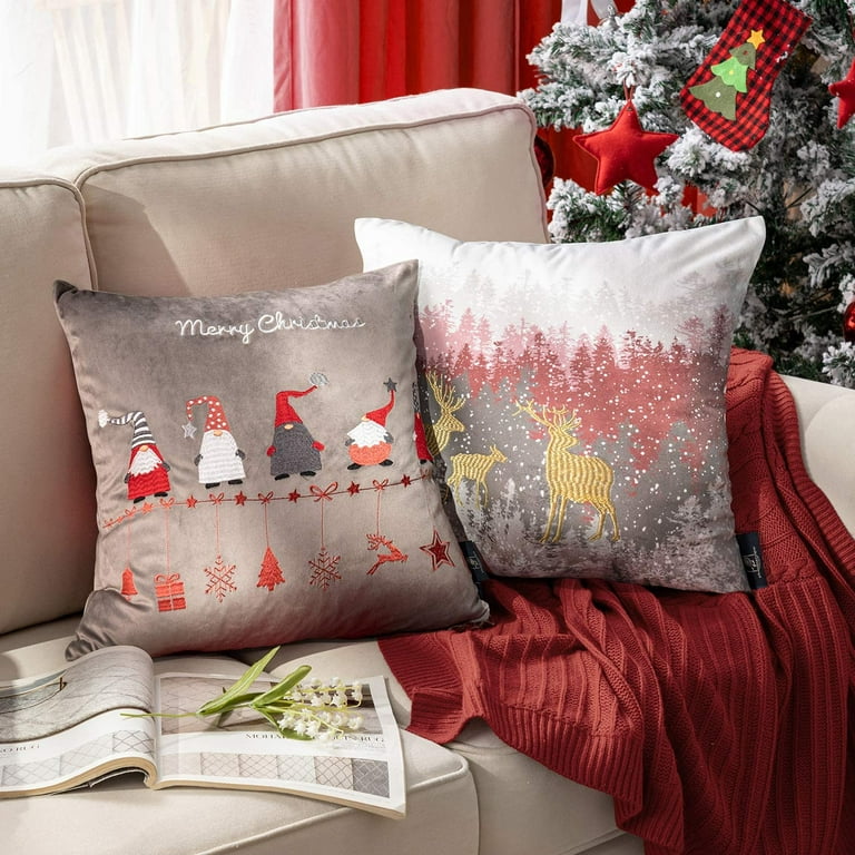 Phantoscope Merry Christmas Velvet Embroidered Decorative Throw Pillow, 18 inch x 18 inch, Red/Gray, 4 Pack, Size: Full Pillow