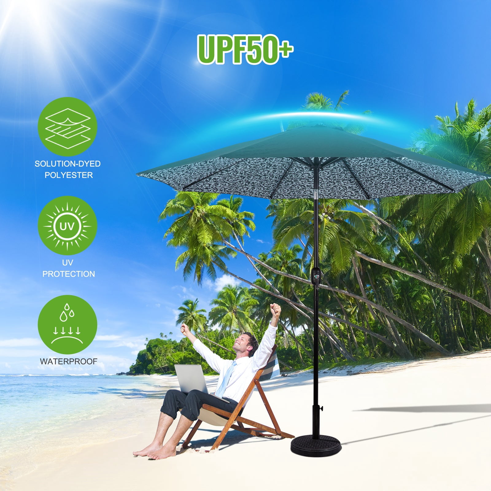 Backyard Expressions 9ft Solar Patio Umbrella with 32 LED Lights – Outdoor Market Umbrella with Tilt & Crank, Solar-Powered Lighting, Water-Resistant Fabric for Patio, Deck, Garden, Pool