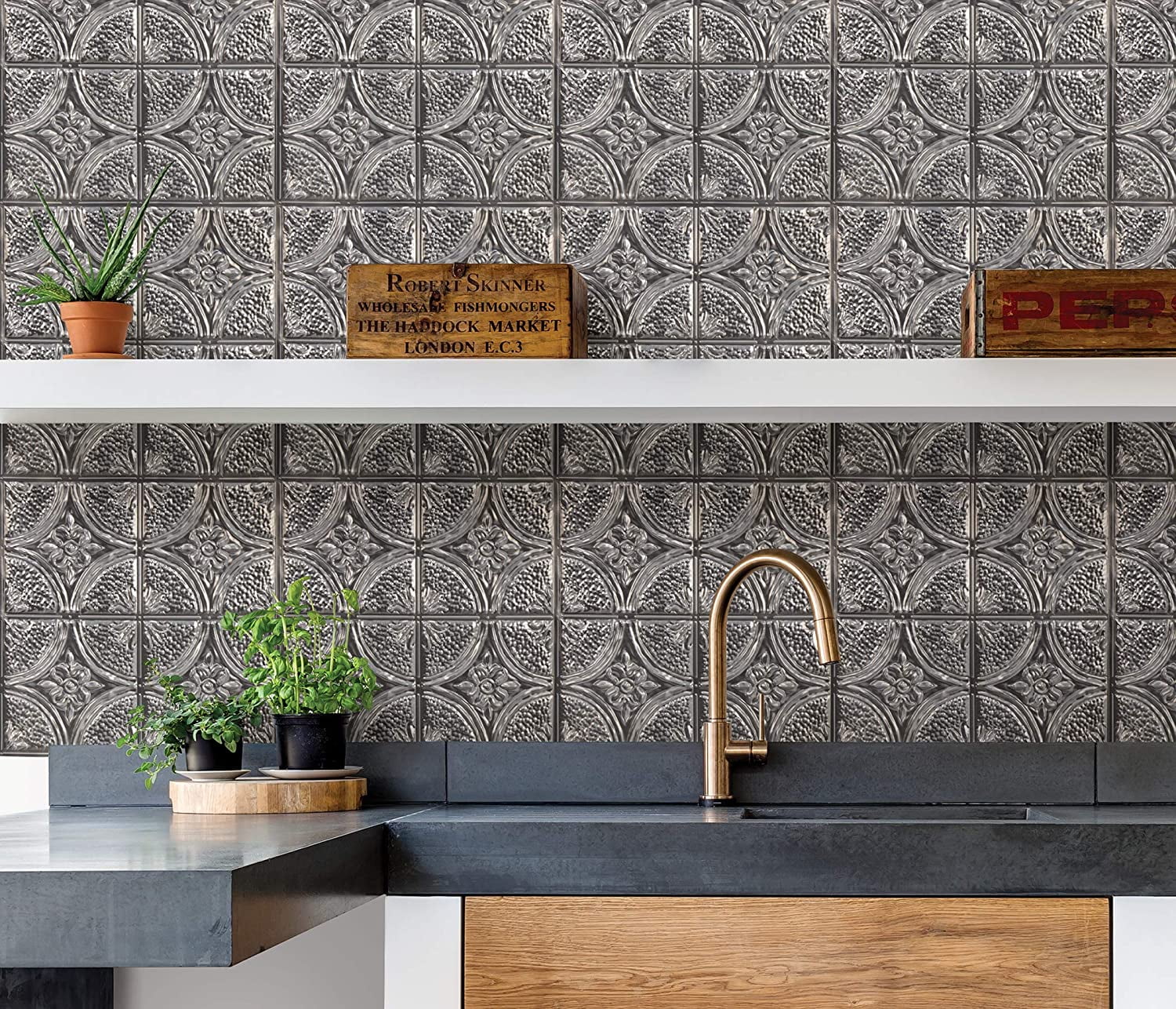 InHome Camden Antique Silver Faux Tin Peel and Stick Backsplash Tiles, Metallic, 10 inch x 10 inch, 4 Panels