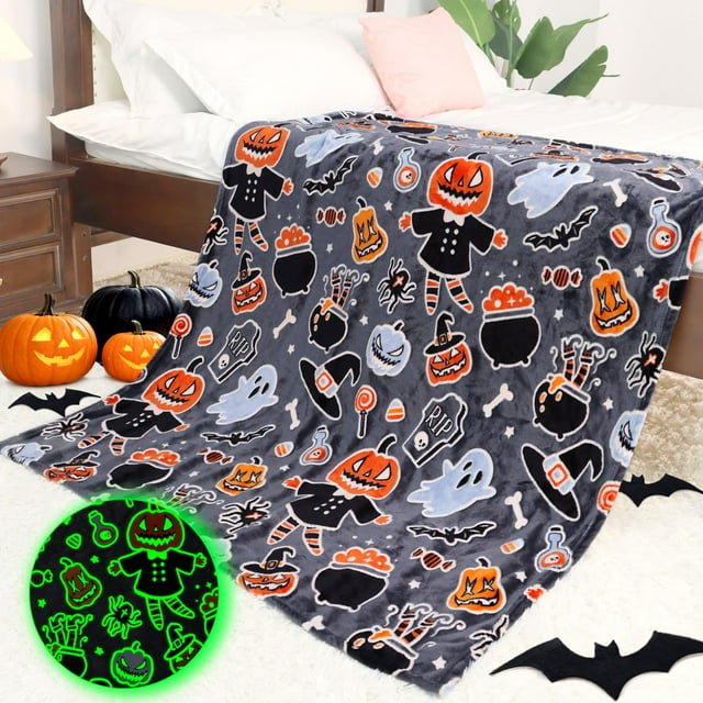 Manta IMUKU para Halloween que brilla en la oscuridad, tamaño doble