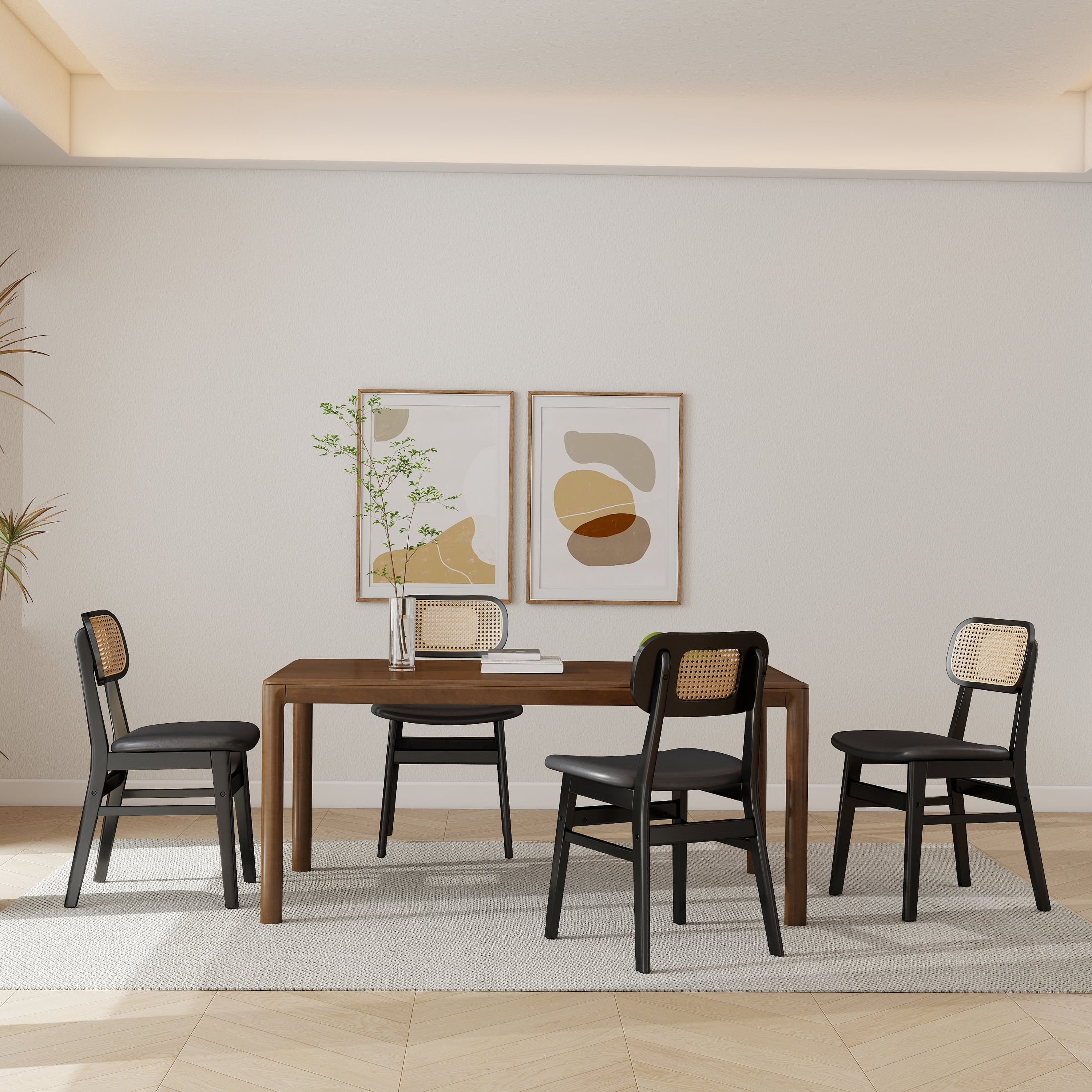 Guyou Rattan Dining Chairs Set of 6, Farmhouse Black Wooden Dining Side Chairs, Mid Century Modern Faux Leather Upholstered Kitchen Chairs with Cane Back for Dining Room Kitchen Living Room, Black