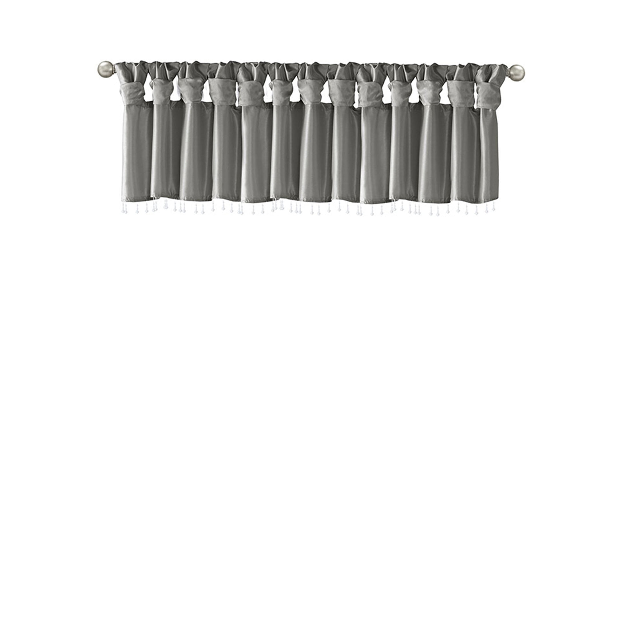 JERFIT 50x26 Inch Charcoal Blackout Window Valance, Faux Silk Curtain Valance with Beaded Trim, Lined Room Darkening Valances for Bedroom Living Room