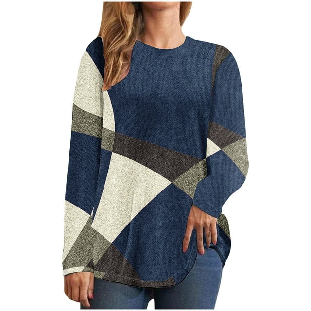 FAIWAD Tunique à Manches Longues pour Femmes Col Rond Bloc de Couleur Grande Taille Chandail Confortable
