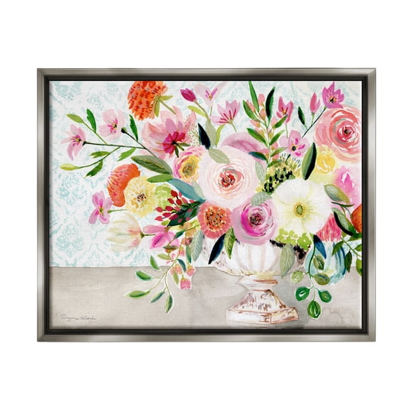 Stupell Industries Pink & Red Peonies Ornate Vase Botanical & Floral Painting Gray Floater Framed Art Print Wall Art