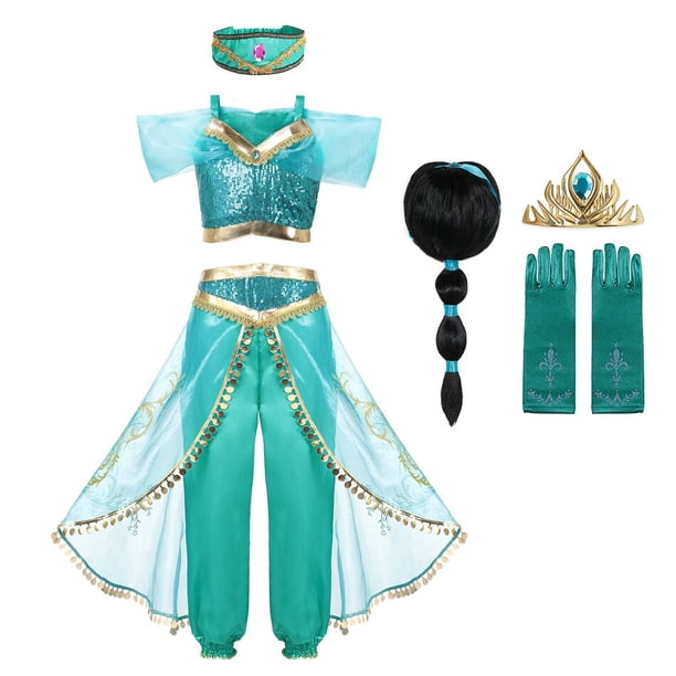 Vestido de princesa Jasmine de Aladdín y la lámpara mágica para niña, disfraz de princesa árabe para fiesta de cumpleaños, vestido de baile de Cosplay de Halloween Fivean unisex