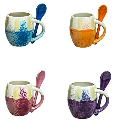 

Rockin Gear 4 Mugs Ceramic Espresso Mug Set of 4 Small Teacups 5 oz Coffee Mugs and Spoon Beautiful Glazed Design Kitchen Home Decor