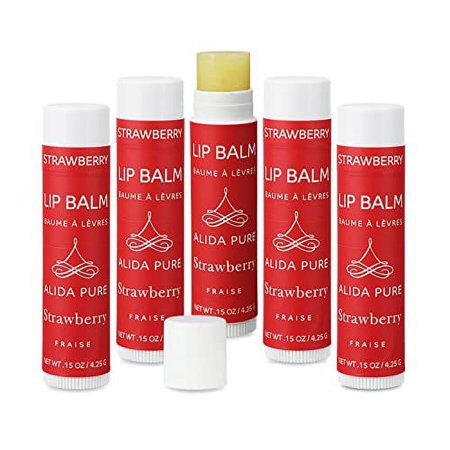 ALIDA PURE Vegan Strawberry Lip Balm, Cruelty Free, Beeswax Free, Coconut Oil Free, Set of 5 Lip Balms, Organic Jojoba Oil, Avocado Oil, Candelilla Wax, and Vitamin E, Natural Lip Moisturizer | Lip Gl