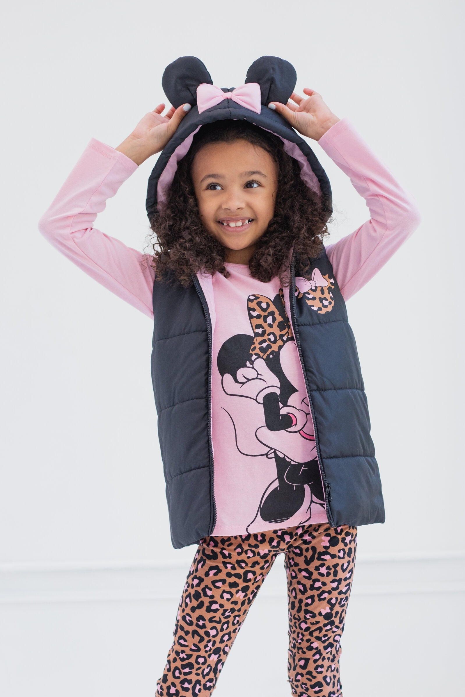 Disney Minnie Mouse Little Girls Zip Up Vest Puffer T-Shirt and Leggings 3 Piece Outfit Set Infant to Big Kid