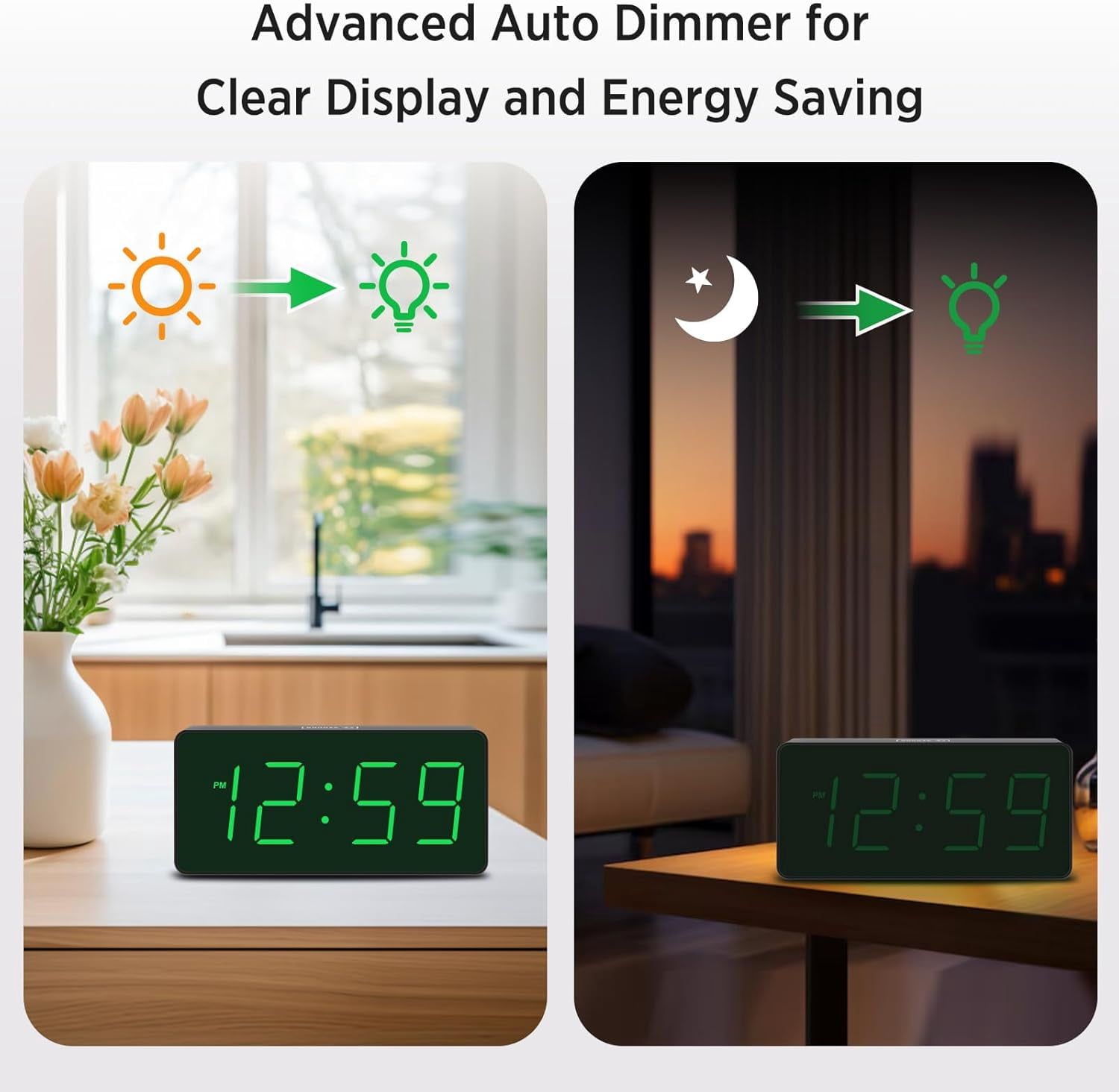 Battery Operated Digital Alarm Clock for Bedrooms - Cordless Large Big Numbers 4 Dimmers, Auto Dimming Seniors, Adjustable Volume Loud Heavy Sleepers Adults (Green Digits)