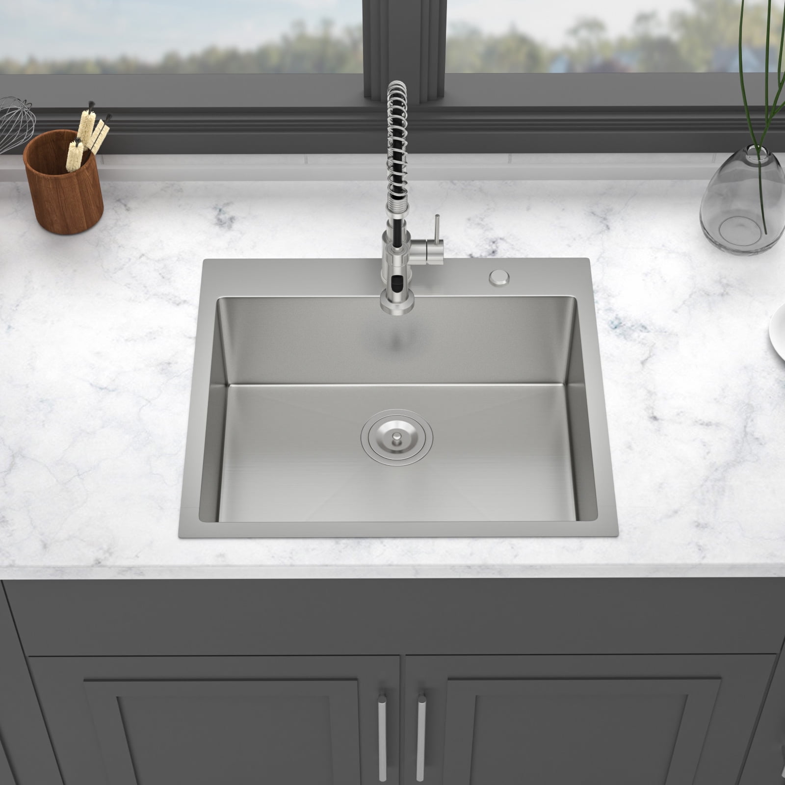 METAFLOWX 25 x 22 x 9 inch Kitchen Sink Drop In 16 Gauge Stainless Steel 25" Single Bowl Topmount Kitchen Sink Basin with Drain Assembly