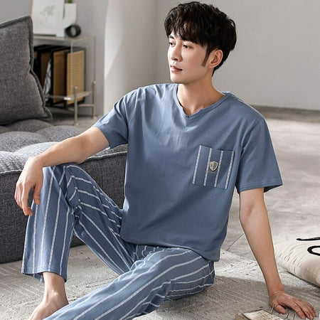 

PIKADINGNIS Mens Pajamas Set Spring Summer Leisure Elastic Waist Men Sleepwear Set Long Pant Cotton Mens Short Sleeve V-neck Nightwear