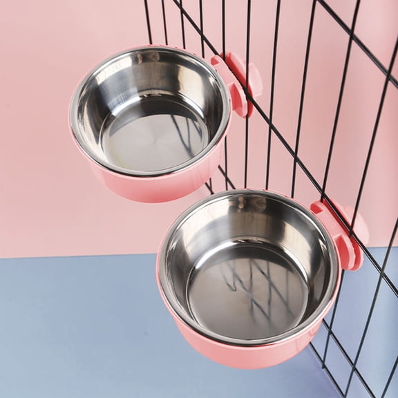 Stainless Steel Hanging Dog Bowl for Crates, 2-in-1 Removable Anti-Tip Pet Food Water Feeder for Dogs Cats, Pink