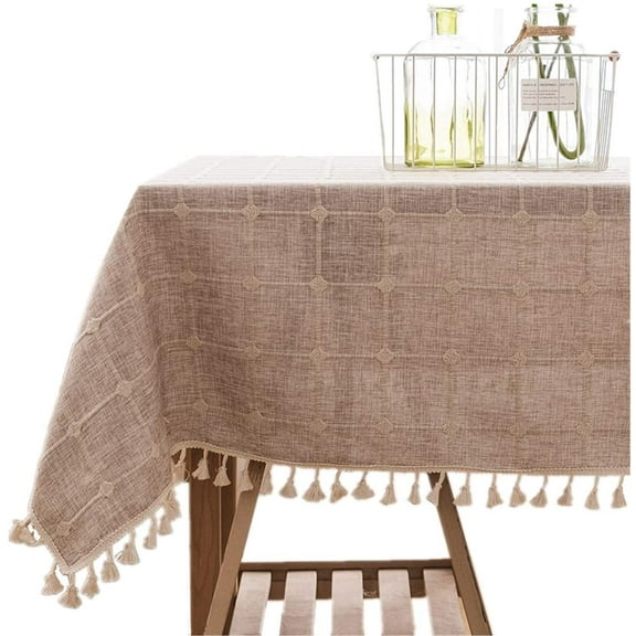 Cotton Linen Rectangular Tablecloth Tassel Plaid Table Cloth for Dining Kitchen Room Tabletop Decoration, 36" x 52" Khaki
