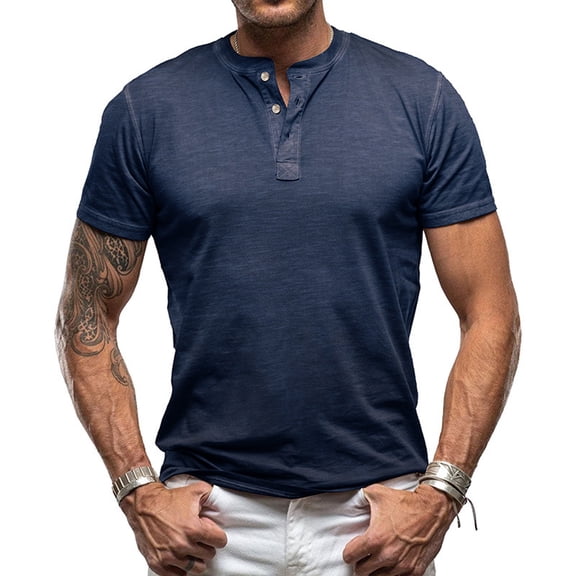 Domuza Men's Stretchy Short Sleeve Henley T-Shirt Casual Cotton 3 Buttons Notch Neck Tee Shirts Royal Blue M