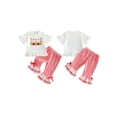 thumbnail image 2 of BemeyourBBs Toddler Baby Girl Back to School Outfit Kids Pre Kindergarten Outfits Little Baby Girl Summer Clothes Short Sleeve Ruffle Trim Bow Pencil Print T Shirt Tops Flared Pants Sets, 2 of 9
