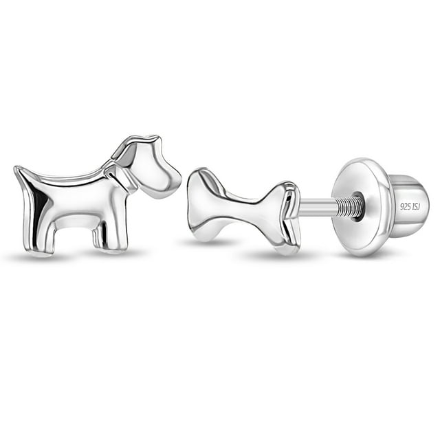 Boucles d'Oreilles Chien et Os pour Enfants / Filles à Vis - Argent Sterling