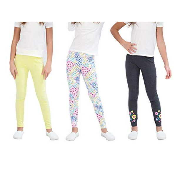Girls 3-Pack Stretch Leggings Soft Pull on Breathable Full Length Tights  Multipack Pants for Kids Comfortable Printed and Solid Children's Clothes  (Yellow-Floral-Charcoal, 14-16) 