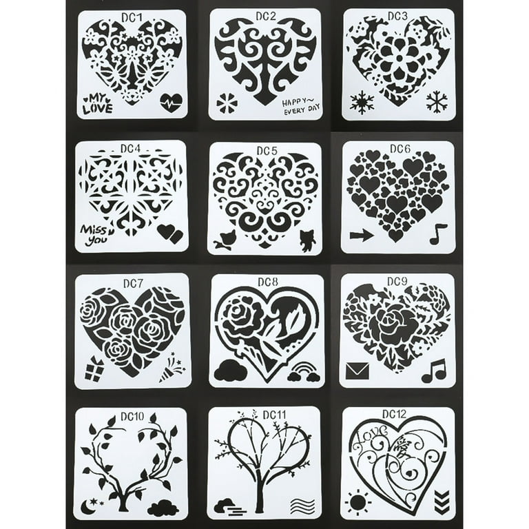 JeashCHAT 12pcs Love Heart Stencils Clearance, Reusable Heart Theme  Painting Stencils, Love Heart Flower Tree Drawing Template for DIY Painting