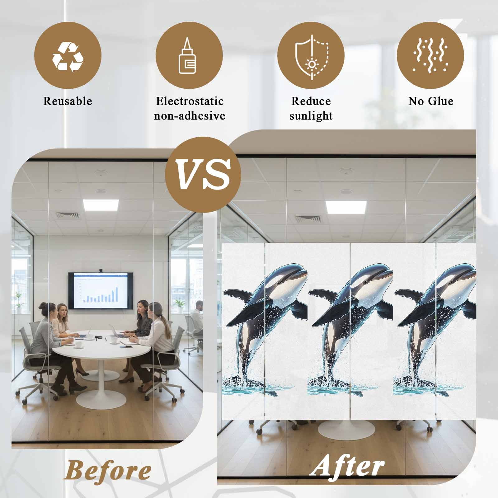 Cute Killer Whale Window Privacy Film, Orca Animal Ocean Retro Artwork Static Cling UV Sun Blocking Heat Control Window Tint Day and Night, Non-Adhesive One Way Windows Privacy Cover 23.6''x59''