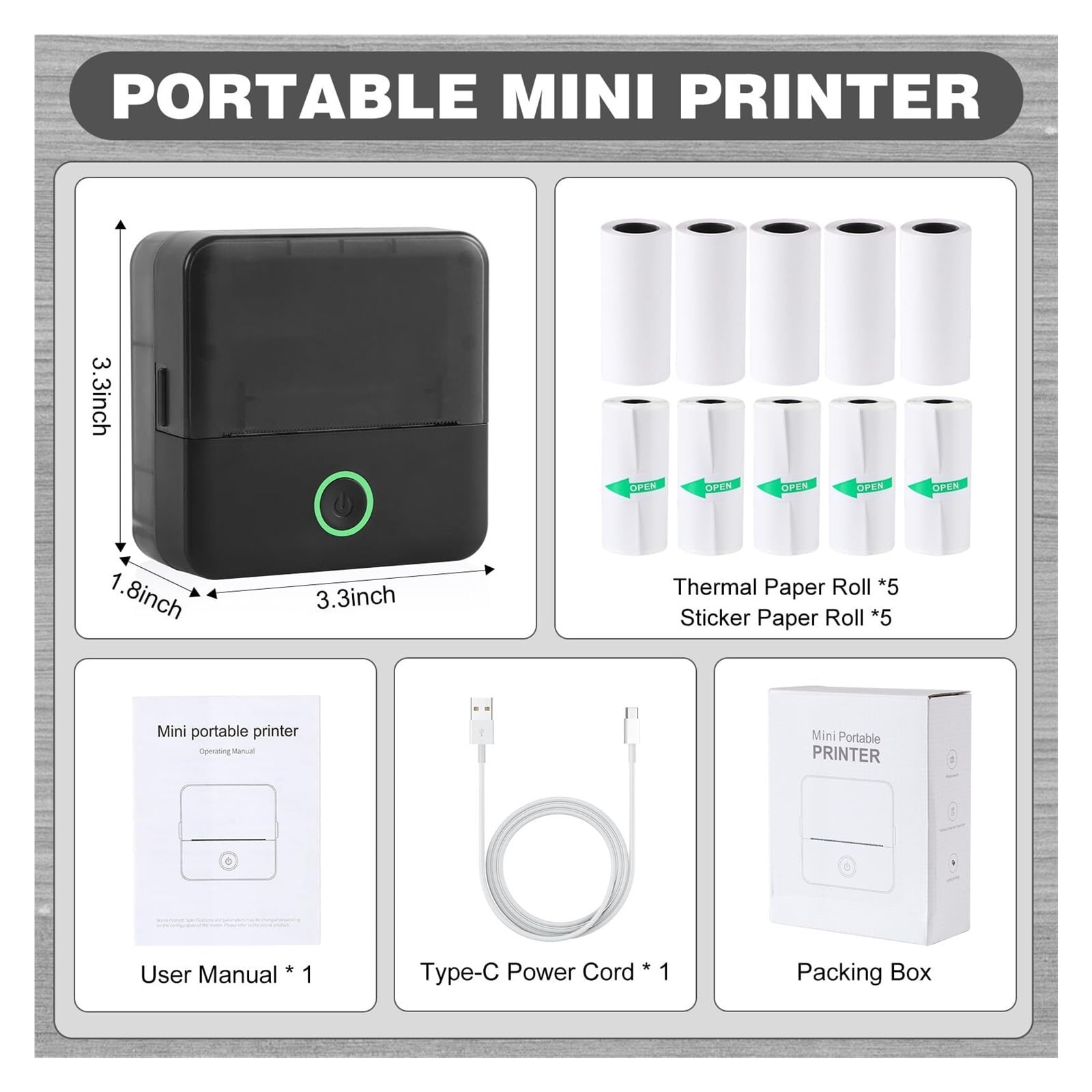 Mini Printer, Thermal Inkless Sticker Maker with 10 Rolls Printing Paper, Pocket Printpod for Phone, Impresora Portátil for Notes, DIY, Compatible with iOS & Android