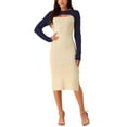 thumbnail image 2 of INSPIRE CHIC Women's Long Sleeve Cut Out Midi Dress Crew Neck Color Block Knitted Sweater Dresses XL Dark Blue-Beige, 2 of 5