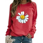 ZXZY Women Daisy Printed Crew Neck Long Sleeve Pullover Top