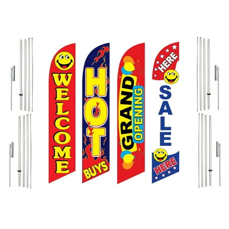 4 Swooper Flags With 4 Pole Kits Welcome Hot Buys Grand Opening Sale Here