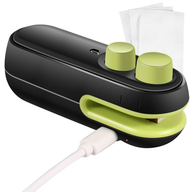 Mini Bag Sealer Chip Bag Sealer with Cutter and Magnet Handheld Heat Sealer Portable Mini Sealing Machine USB Rechargeable Bag Heat Sealer for Plastic Bags Snack Food Storage(Black green)