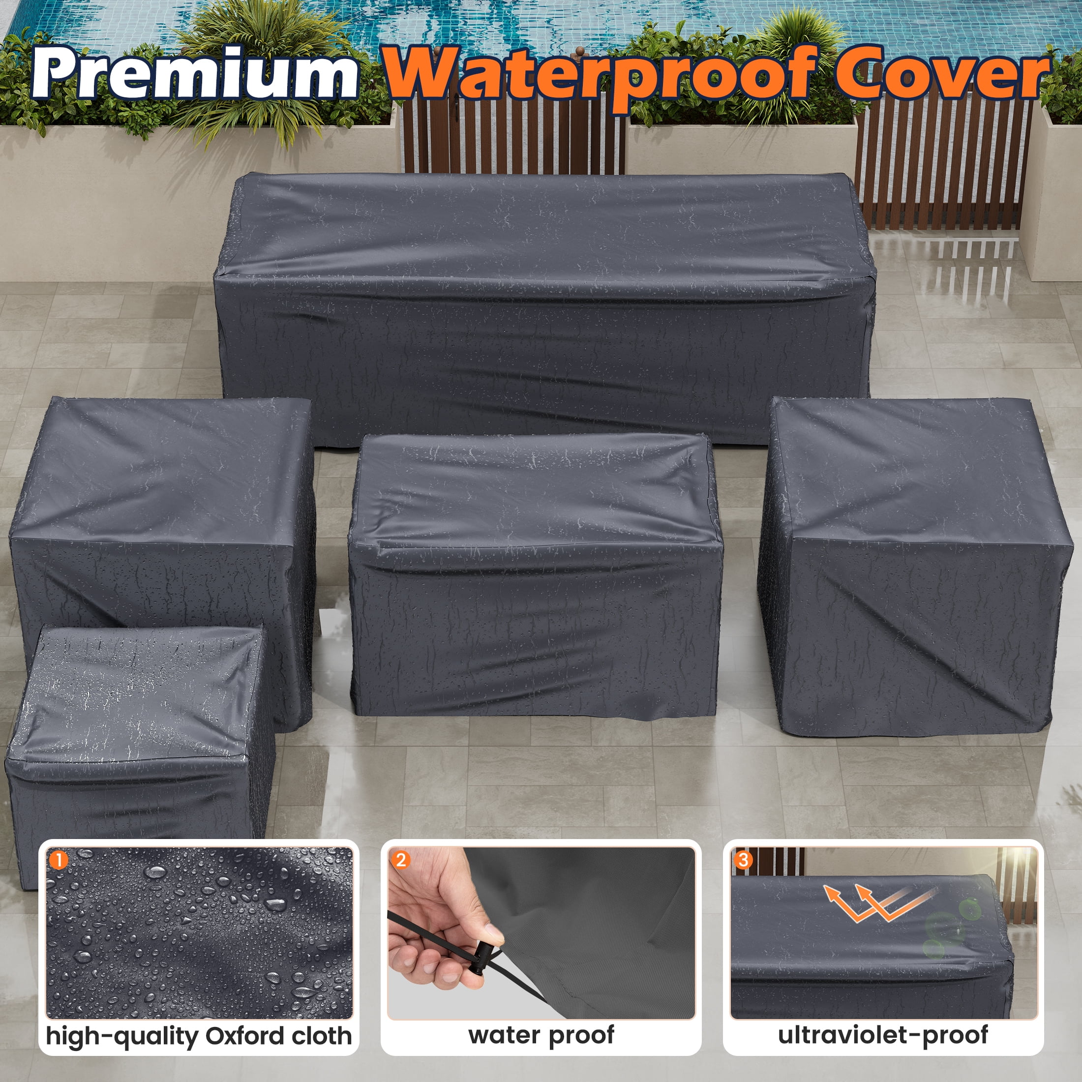 Poteban Outdoor Sectional with Fire Pit Table, 8 Inch Armrest Patio Furniture Set with Waterproof Cover for Garden Backyard, 4'' Thickened Cushion