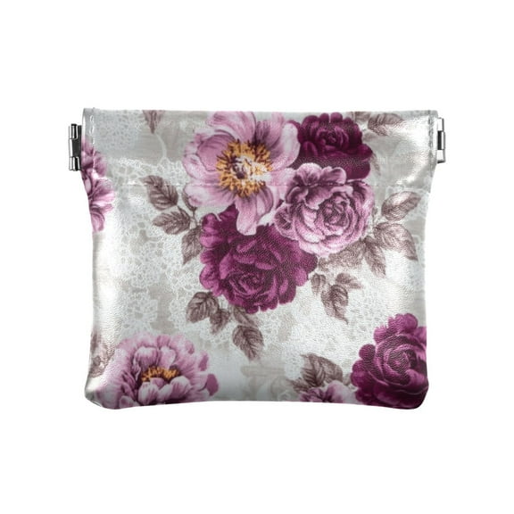 PU Leather Coin Wallet with Snap Closure Clutch Bag Holder Small Wallet Magenta Roses