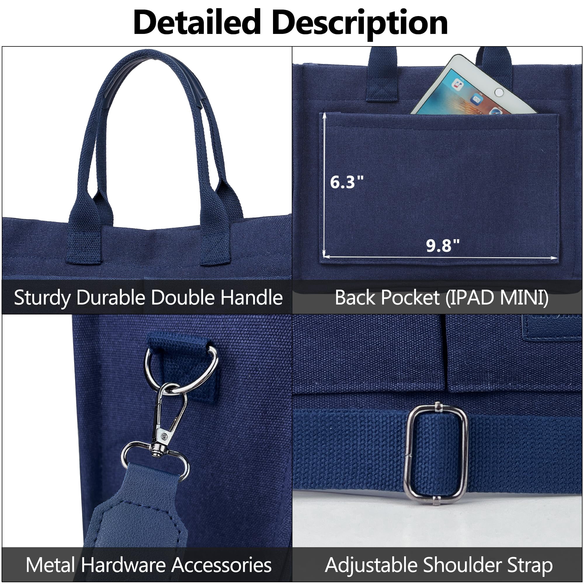 AOUNQ Canvas Tote Bag for Women Trendy Purse and Handbags Work Tote Bags with Pockets Crossbody Satchel Bag,Blue