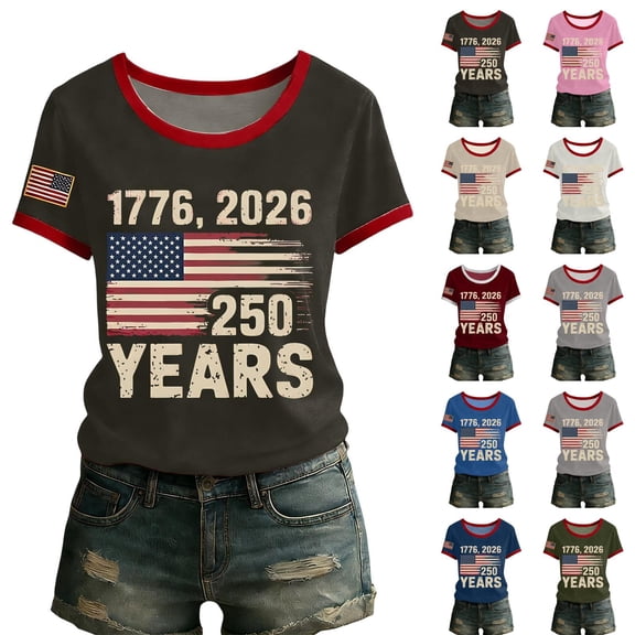 KDDYLITQ 250th Anniversary Tshirt for Women 4th Of July 250th Birthday Crew Neck Tees Independence National Flag Print Freedom Tops American Flag Floral Short Sleeve T-Shirts Army Green 2XL
