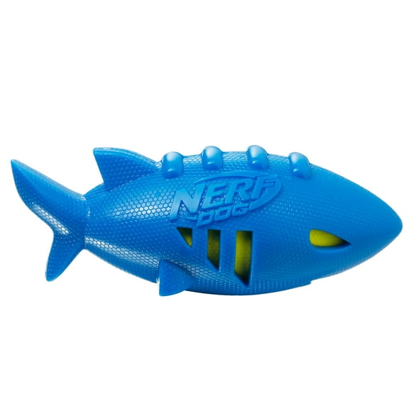Nerf Dog Shark Football Dog Toy with Water-Soaking Squeak, Blue, 7 inch