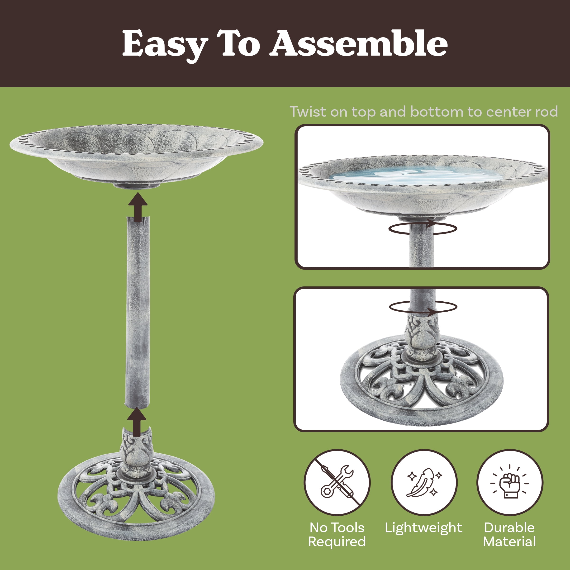 Pure Garden Antique Bird Bath – 28.75” Weather-Resistant Pedestal Bowl with Stakes, Antique Gray