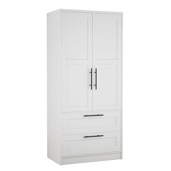 Wooden Wardrobe with 2 Drawers, Freestanding Clothes Cabinet with Door and Shelves, Wooden Wardrobes for Bedroom, Laundry Room, Closet, White