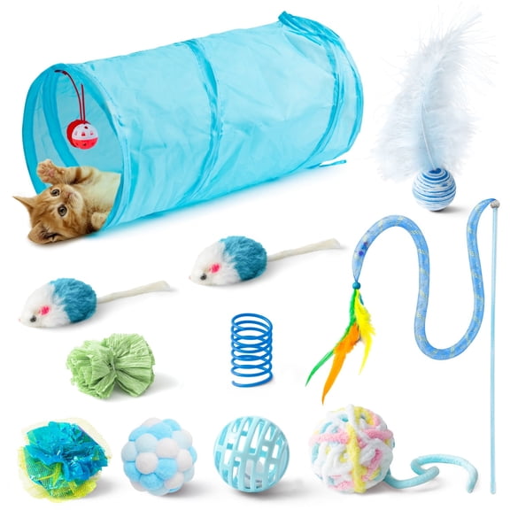 Cat Tunnel Toy Set, Interactive Play Tent with Feather Toy, 12-Piece ,Blue