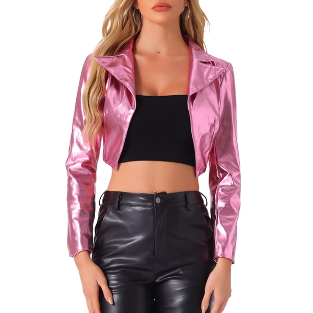 CHAQUETA METÁLICA HOLOGRÁFICA BRILLANTE DE MANGA LARGA CON SOLAPA PARA MUJERES INSPIRADA EN CHIC TALLA M ROSA PROFUNDO