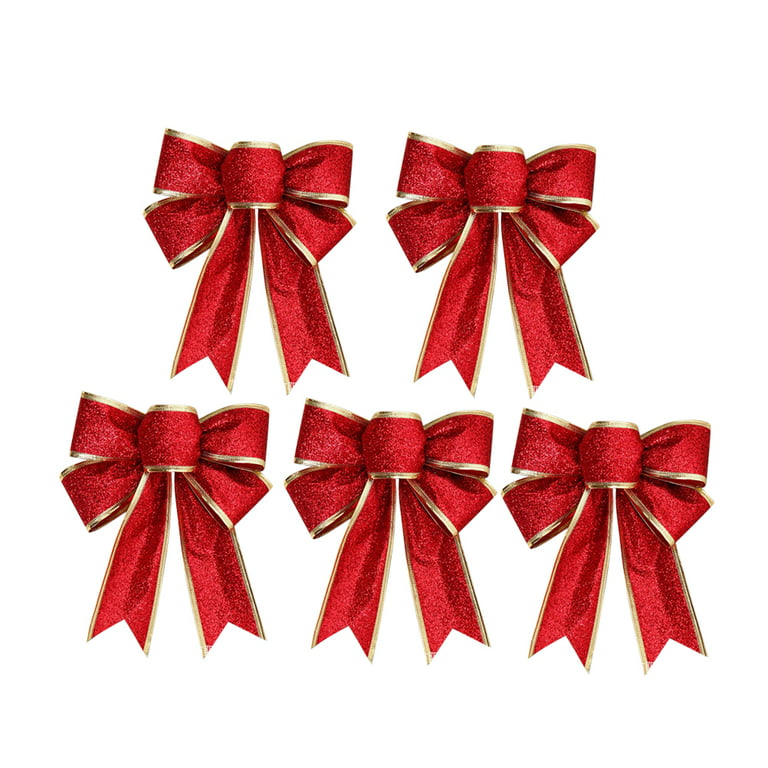 5pcs/Pack Glittering Fabric Christmas Ribbon Bow Gift Knot Ribbon Ornaments  for Christmas Tree Presents Decoration(Red)